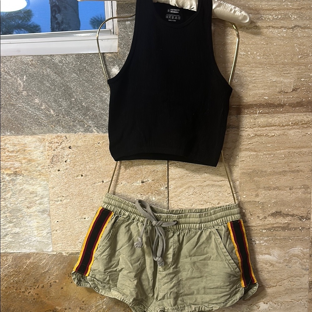 Black Tank Top and Olive Shorts Set